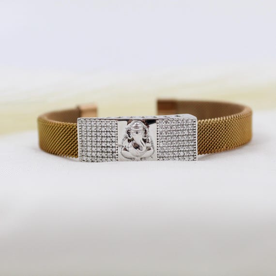Lord Ganesha Charm Bracelet - Gold Mesh with Crystal CZ Accent