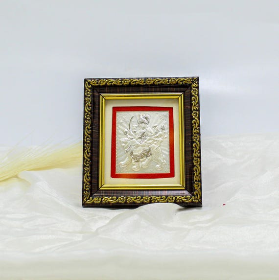 Pure Silver Maa Durga Frame - Hindu Spiritual Wall & Table Decor