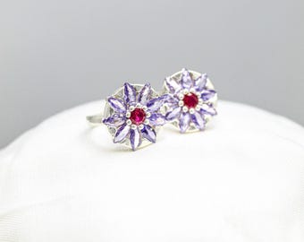 Floral Silver Ring: Purple and Red Stones, Adjustable Boho Style