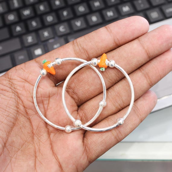 925 Sterling Silver Kids Adjustable Bangles, Cute Carrot Charm Baby Bracelet Pair, Handmade Silver Kada for Girls & Boys, Jewelry Gift