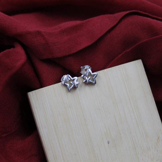 925 Sterling Silver Double Star Stud Earrings, Minimalist Celestial Jewelry