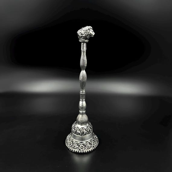 Sterling Silver Lion Head Pooja Bell: Handcrafted Indian Temple Ghanti