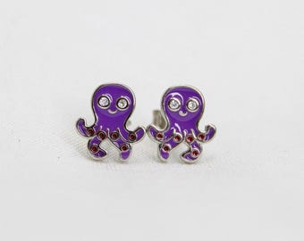 Octopus Stud Earrings for Women, Purple Enamel Cute Animal Studs