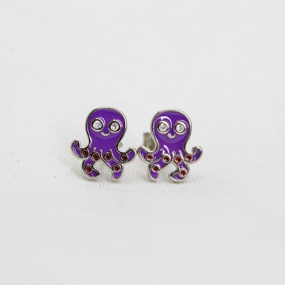 Purple Enamel Octopus Stud Earrings, Animal Jewelry