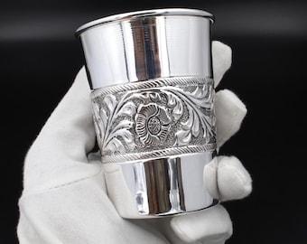 Handcrafted Pure Silver Tumbler: Traditional Indian Floral Cup
