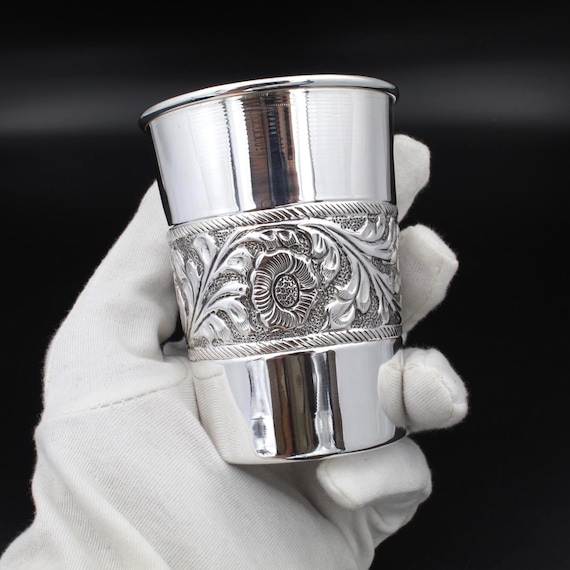 Handcrafted Pure Silver Tumbler: Traditional Indian Floral Cup