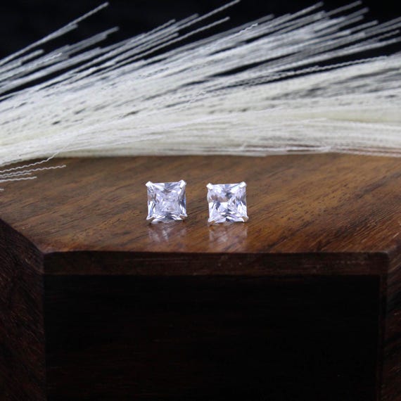 Sterling Silver Princess Cut CZ Stud Earrings: Hypoallergenic Dainty Jewelry