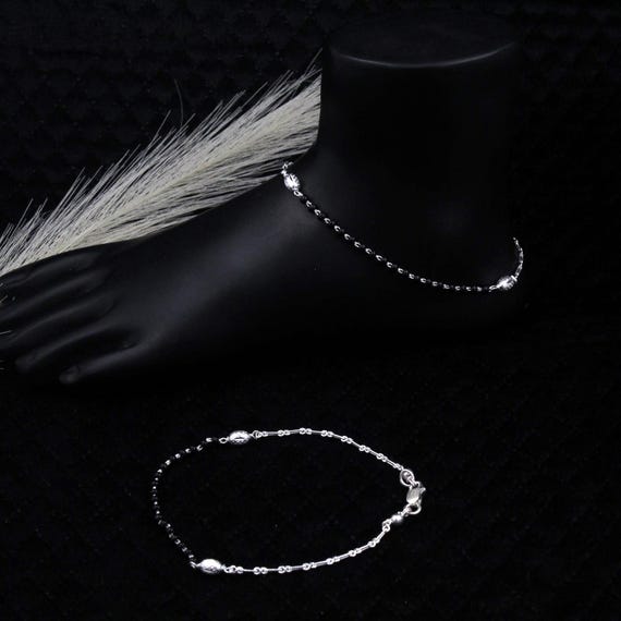 Sterling Silver Black Beaded Nazariya Anklet: Adjustable Protection Bracelet