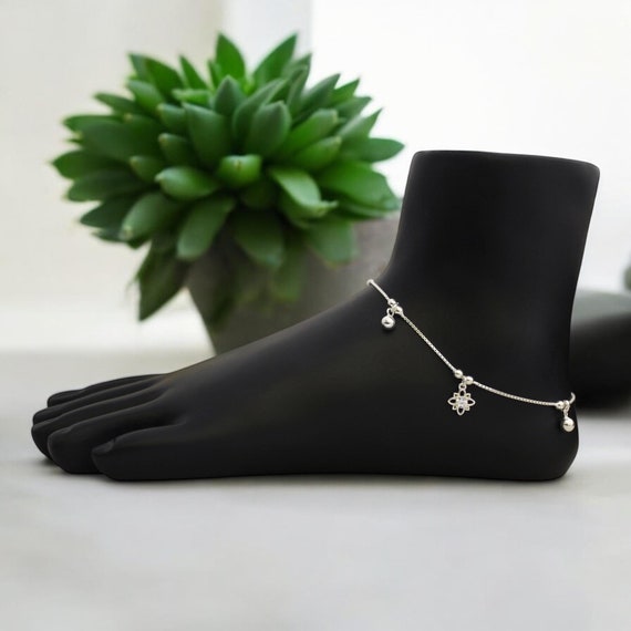 Sterling Silver Anklet: Dainty Flower Charm and Bells, Adjustable Ankle Bracelet