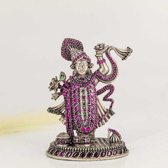 Krishna Idol, Silver-Tone with Pink Stones (Handcrafted Figurine)