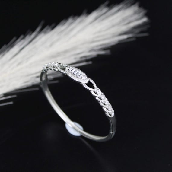 Sterling Silver Diamond Bangle Bracelet, Baguette Cut CZ (Women’s)