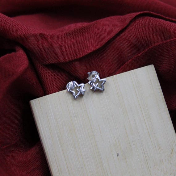 Star Stud Earrings in 925 Sterling Silver, Double Celestial Jewelry