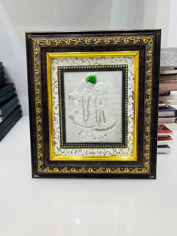 Handcrafted Radha Krishna Silver Frame: Spiritual Home Decor