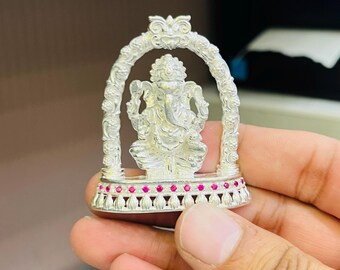 Silver Ganesh Statue - Ruby Accent, Lotus Base Decor