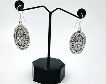 Vintage Floral Design Dangle Earrings in 925 Sterling Silver – Handcrafted Oxidized Finish, Boho Jewelry Gift