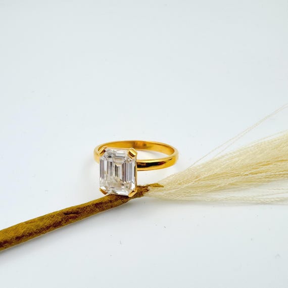 22k Gold Emerald Cut Moissanite Ring: GRA Certified Solitaire