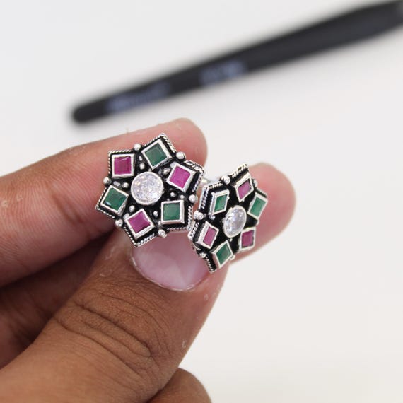 Silver Toe Ring Adjustable Pink Green CZ Bichiya for Women | Oxidized Indian Boho Foot Jewelry Gift for Summer & Festivals
