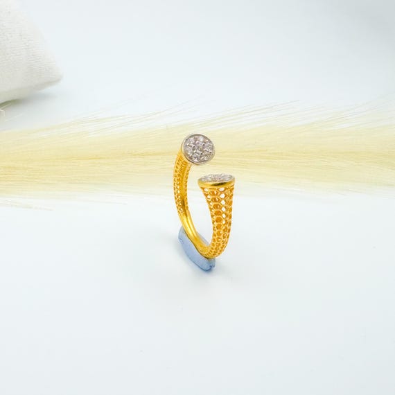 22K Gold Open Ring: Honeycomb Band with Diamond Accents