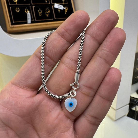 Silver Chain Bracelet: Heart Evil Eye Charm, Boho Protection Jewelry