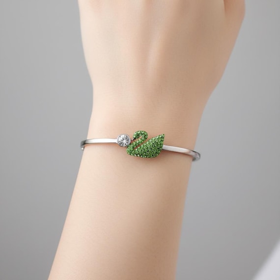 Swan Charm Bracelet: Silver with Green Leaf and Crystal (Adjustable)