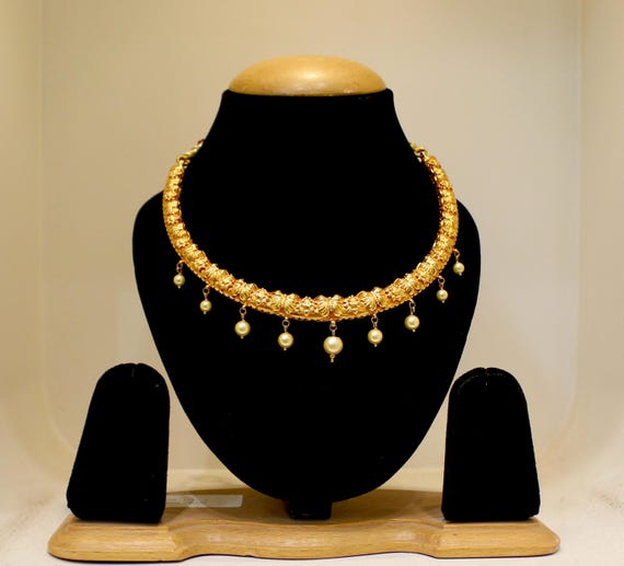 22k Gold Choker Necklace: Floral Pearl Indian Wedding Jewelry