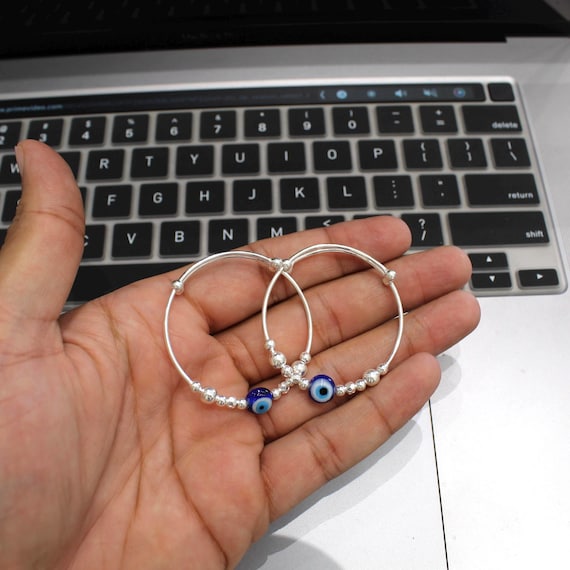 925 Sterling Silver Evil Eye Kids Bangle Bracelet | Adjustable Baby Kada | Handmade Silver Bracelet for Girls & Boys