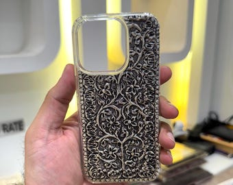 Handcrafted 925 Silver iPhone Case: Vintage Floral Engraved Cover