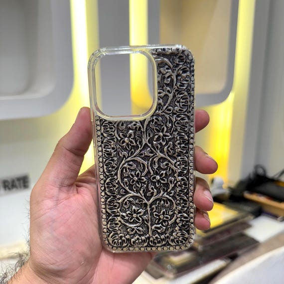 Handcrafted 925 Silver iPhone Case: Vintage Floral Engraved Cover