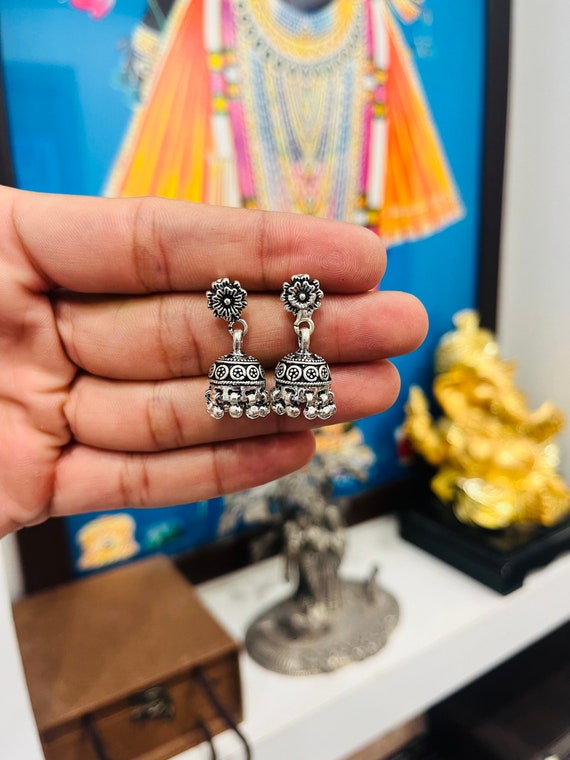 Handmade Oxidized Sterling Silver Jhumka Earrings: Indian Jewelry