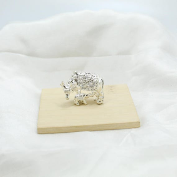 Sterling Silver Cow and Calf Figurine: Handmade Indian Idol