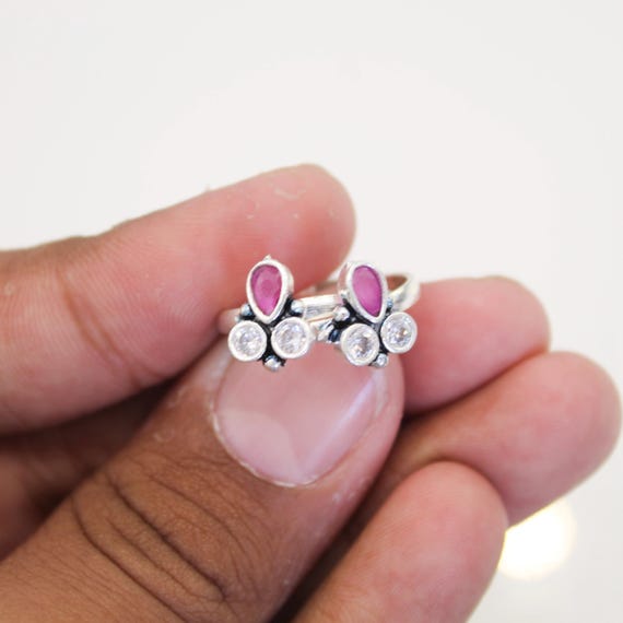 Silver Pink Stone Toe Ring Adjustable CZ Bichiya for Women, Handmade Minimalist Foot Jewelry, Gift for Her, Boho Foot Accessories