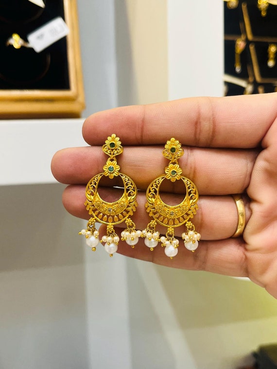 Gold Plated Sterling Silver Chandelier Earrings: Handcrafted Pearl Indian Jewelry