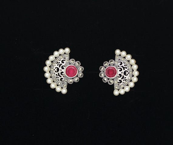 Sterling Silver Half-Moon Earrings: Ruby & Pearl Boho Design