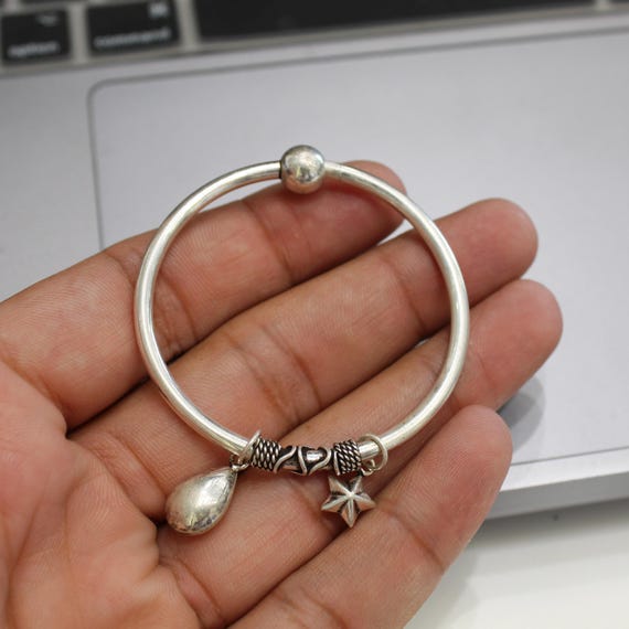 925 Sterling Silver Adjustable Kada Bracelet for Women, Handmade Silver Bangle with Star Charm,Minimalist Indian Silver Jewelry Gift for Her