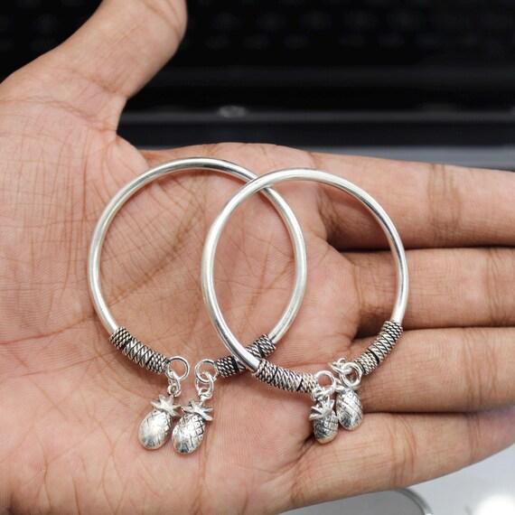 925 Sterling Silver Pineapple Charm Bangles, Adjustable Silver Kada Bracelets for Kids & Women, Handmade Fruit Charm Jewelry, 4.5 cm