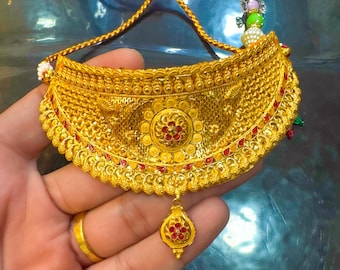 22k Gold Choker Necklace: Indian Bridal Jewelry with Red Stones