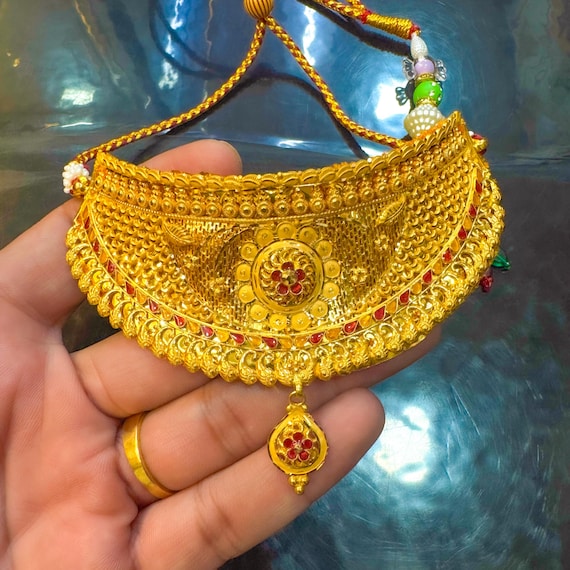 22k Gold Choker Necklace: Indian Bridal Jewelry with Red Stones