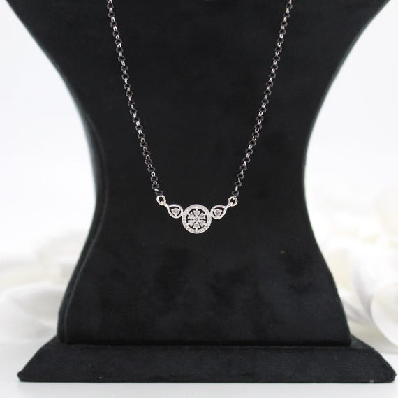 Mangalsutra Necklace: Minimal Indian Silver Jewelry (Black Beads, CZ Pendant)