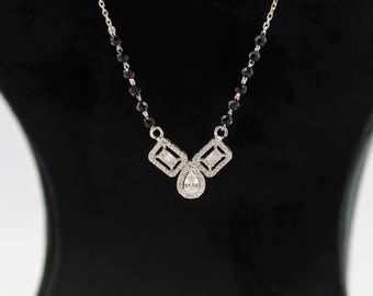 Mangalsutra Necklace, Black Beads with CZ Pendant (Minimalist Silver Tone)