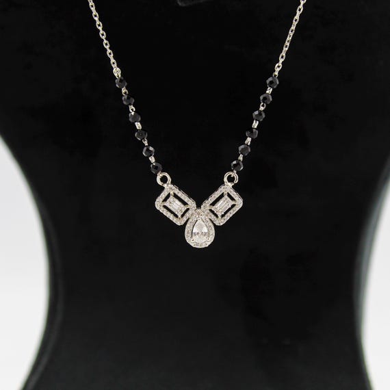 Mangalsutra Necklace, Black Beads with CZ Pendant (Minimalist Silver Tone)