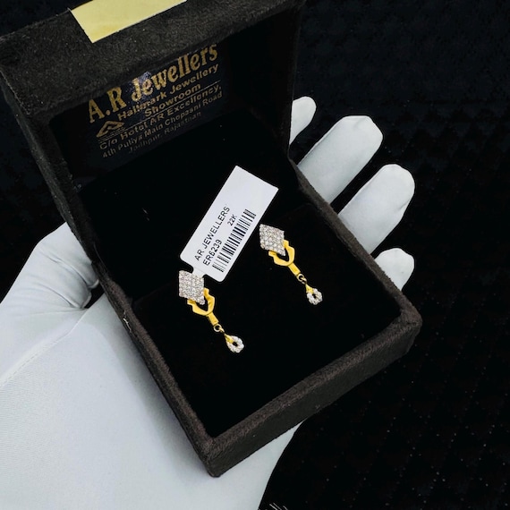 22K Gold Dangle Earrings: Geometric CZ Drop, Elegant Gift
