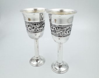 Handcrafted Pure Silver Wine Goblets: Antique Floral Wedding Gift
