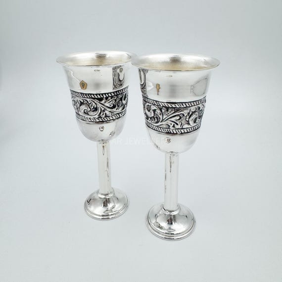 Handcrafted Pure Silver Wine Goblets: Antique Floral Wedding Gift