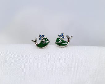 Green Enamel Whale Earrings - Sterling Silver Animal Studs