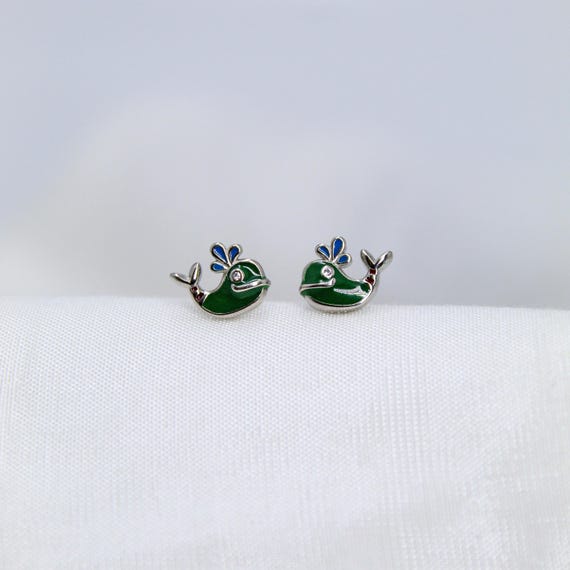 Green Enamel Whale Earrings - Sterling Silver Animal Studs