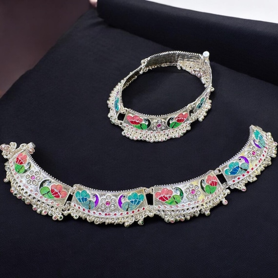 Handmade Silver Bridal Anklet: Meenakari Ethnic Indian Payal