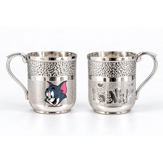 Handmade 925 Sterling Silver Cat Mug, Hammered Finish, Cartoon Design Gift