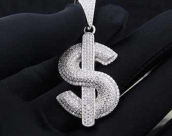 Iced Out CZ Sterling Silver Dollar Sign Pendant: Hip Hop Statement Necklace