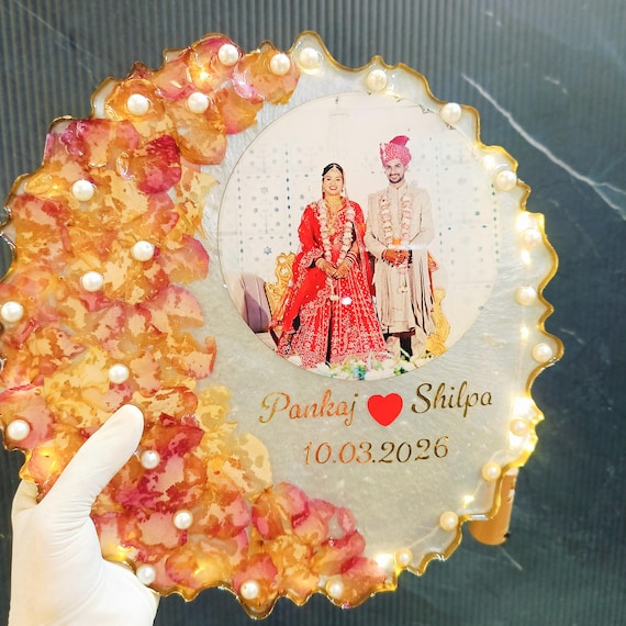 Custom Resin Wedding Frame with Photo & Flowers, Handmade Preservation Art, Varmala Frame, Personalized Wedding Gift, LED Wall Decor