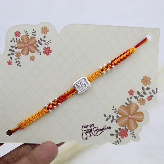 925 Sterling Silver Swastik Rakhi, Handmade Raksha Bandhan Bracelet, Traditional Indian Sibling Gift